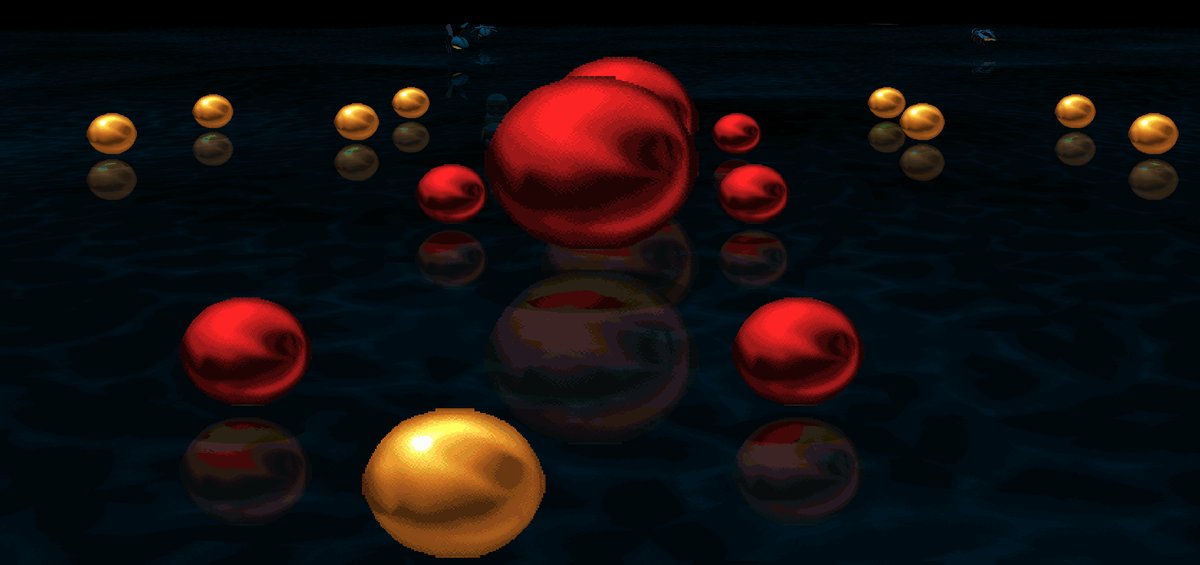 Magic Carpet 2, night sea level: red and gold mana balls floating on dark water. The balls are visibly oval, wider than they are tall.